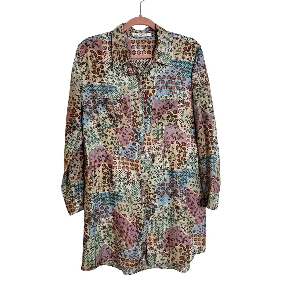 Roller Rabbit Cotton Silk Blend Shirt Dress Size L Blue Pink Patchwork Floral